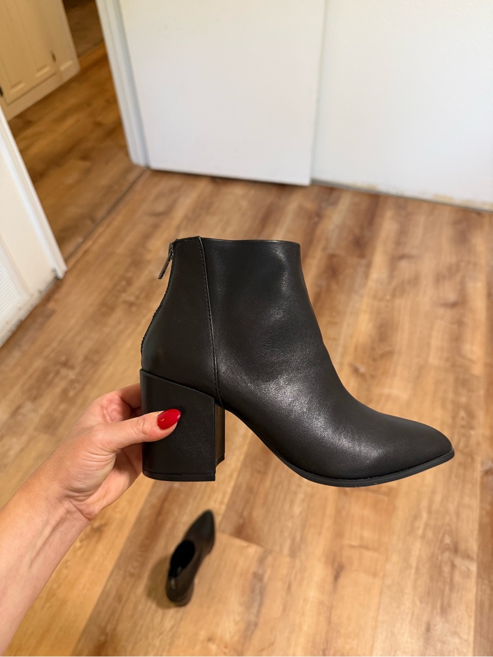 Steve Madden Women’s Black Leather Block Heel Ankle Bootie